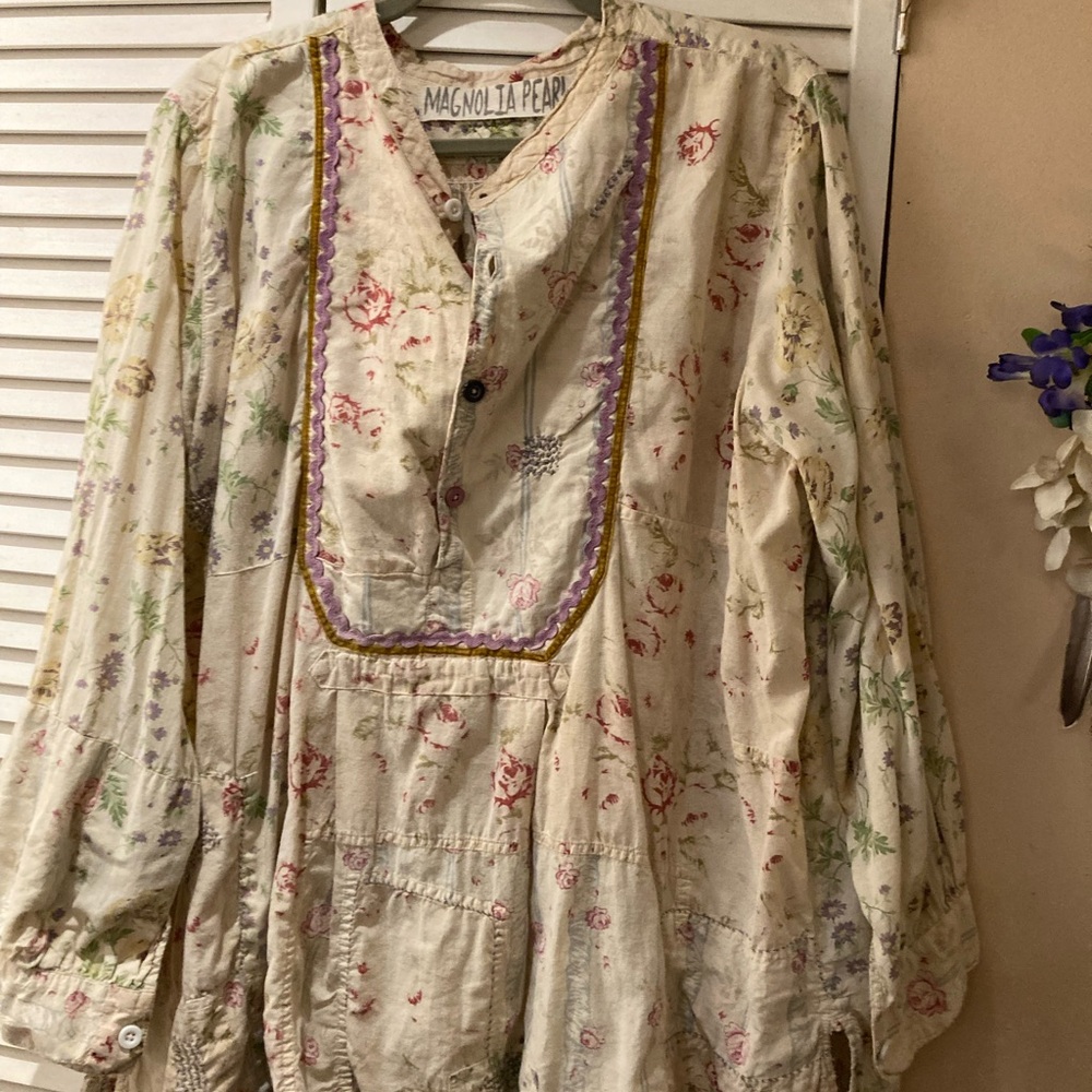 Magnolia Pearl Cream Floral Blouse with Purple Accents